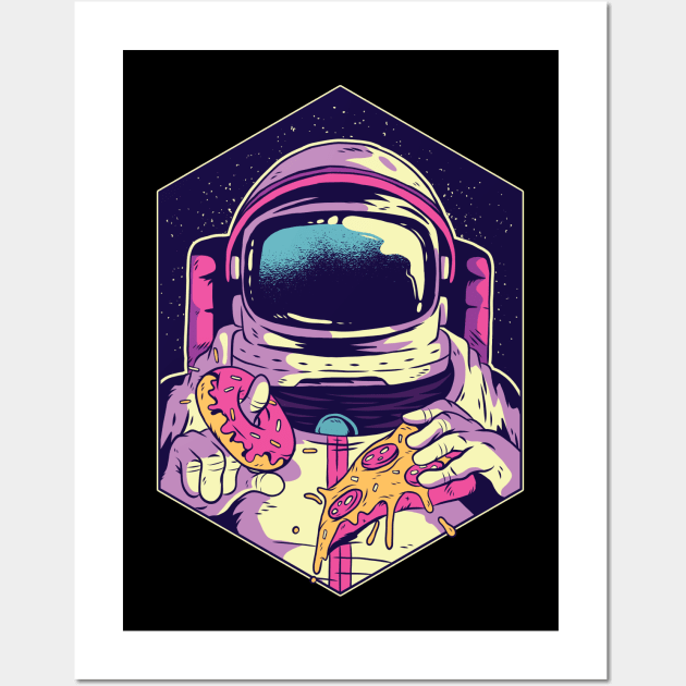 Astronaut eating Donut and Pizza Wall Art by madeinchorley